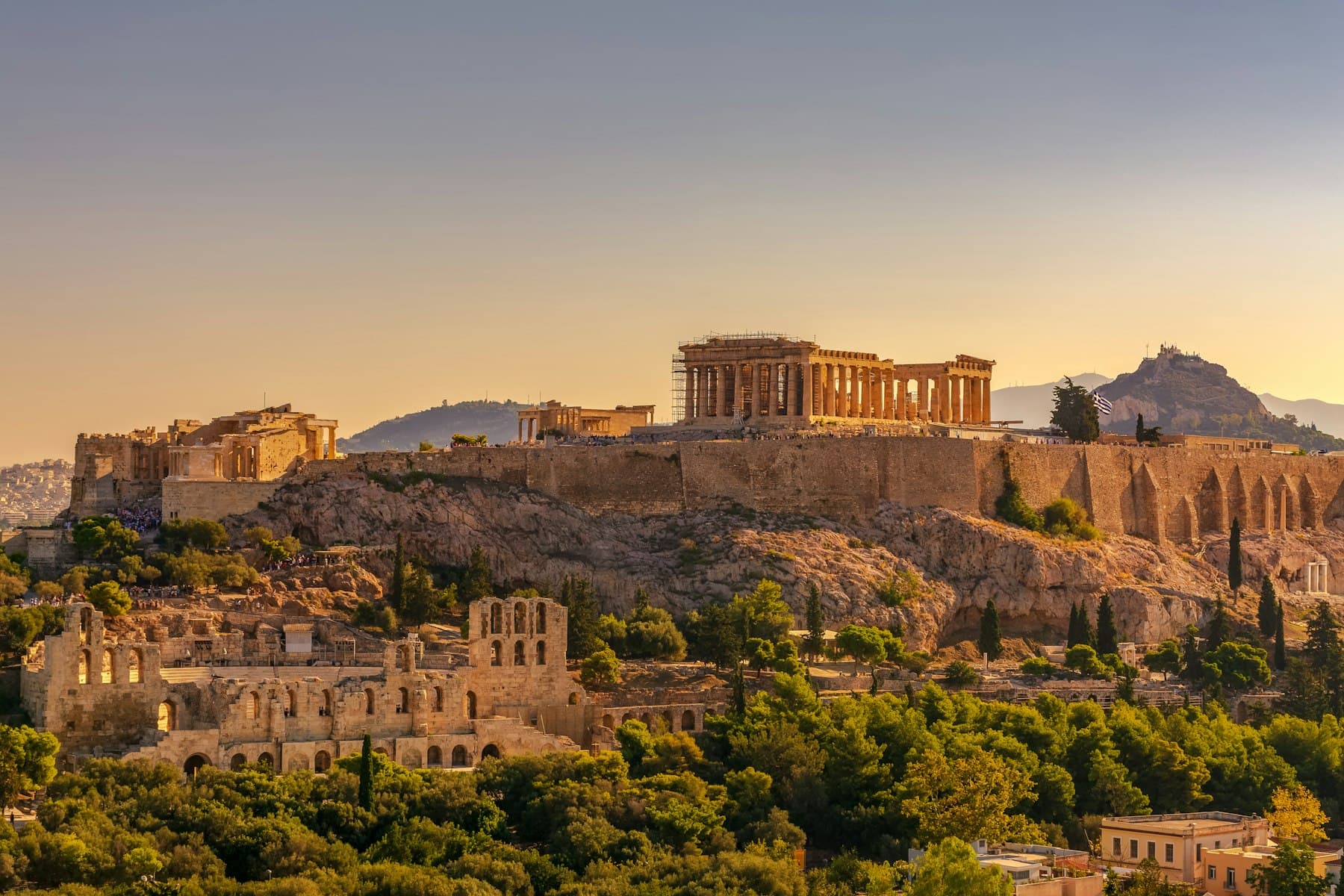 The Acropolis at golden hour above Athens